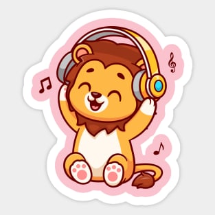 Cute Lion Listening Music With Headphone Cartoon Sticker